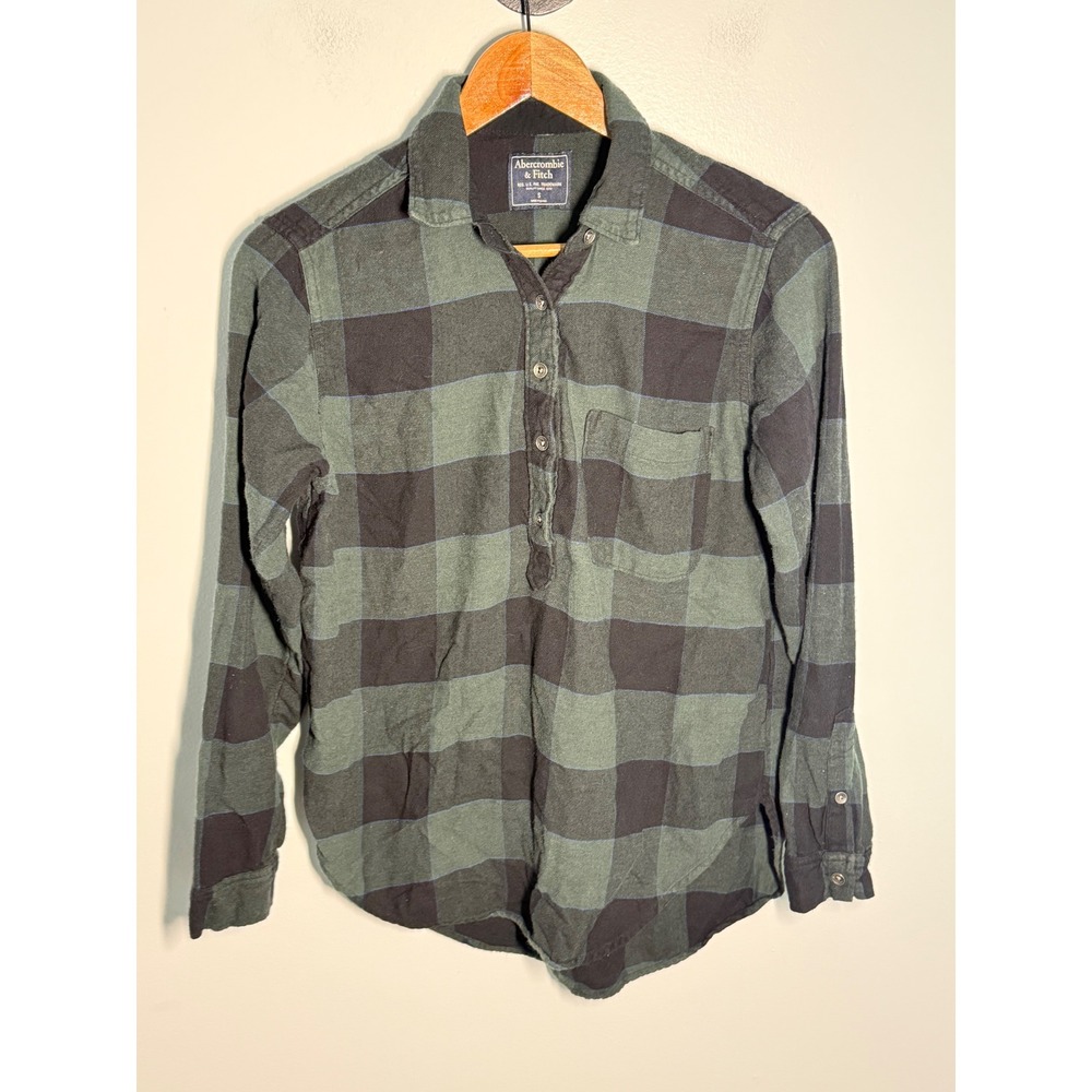 Abercrombie & Fitch Womens Green Black Buffalo Plaid Flannel Henley Shirt Small